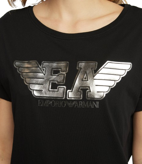Emporio Armani T-Shirt  Nero Donna 164340 Logo mania Silver