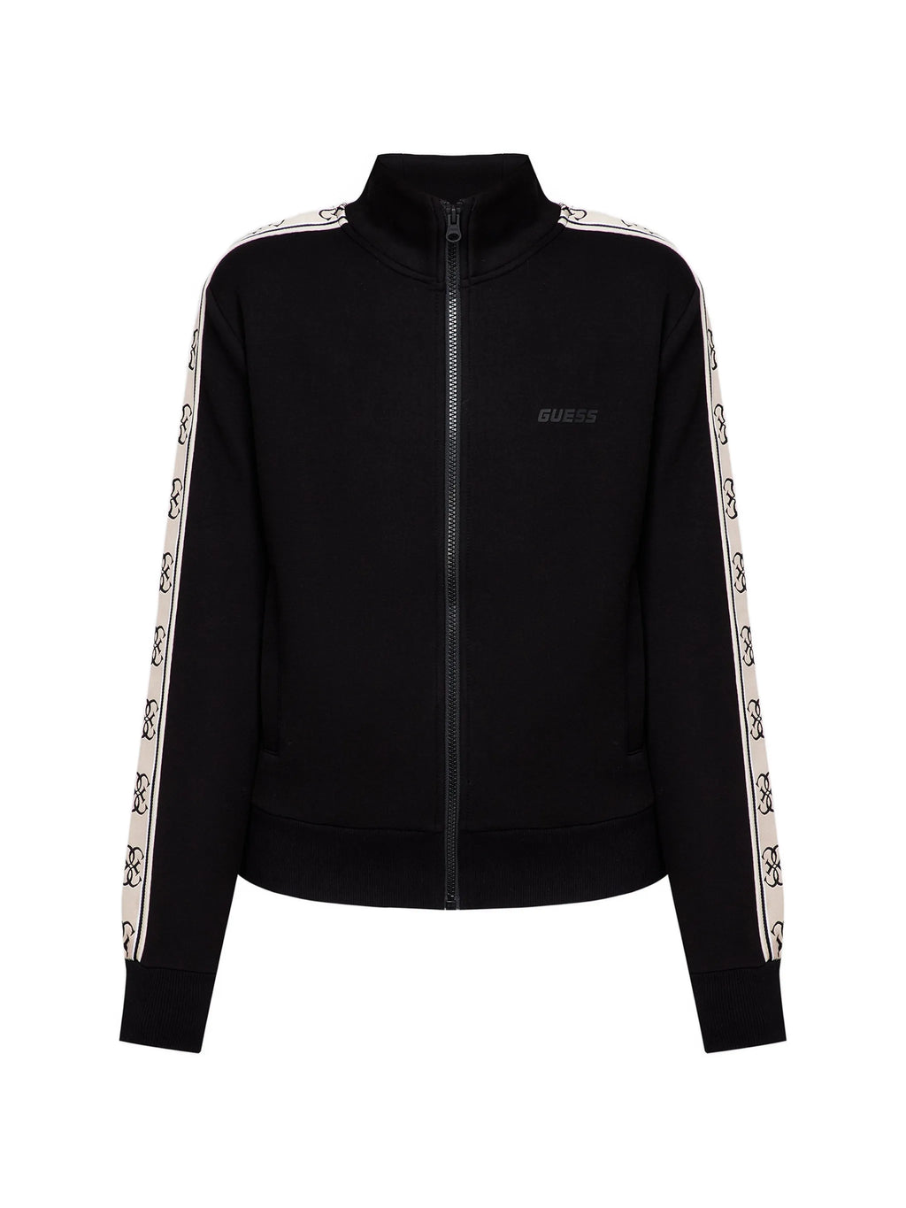GUESS Felpa Zip in Punto Milano Nero con Bande Laterali e Logo Frontale