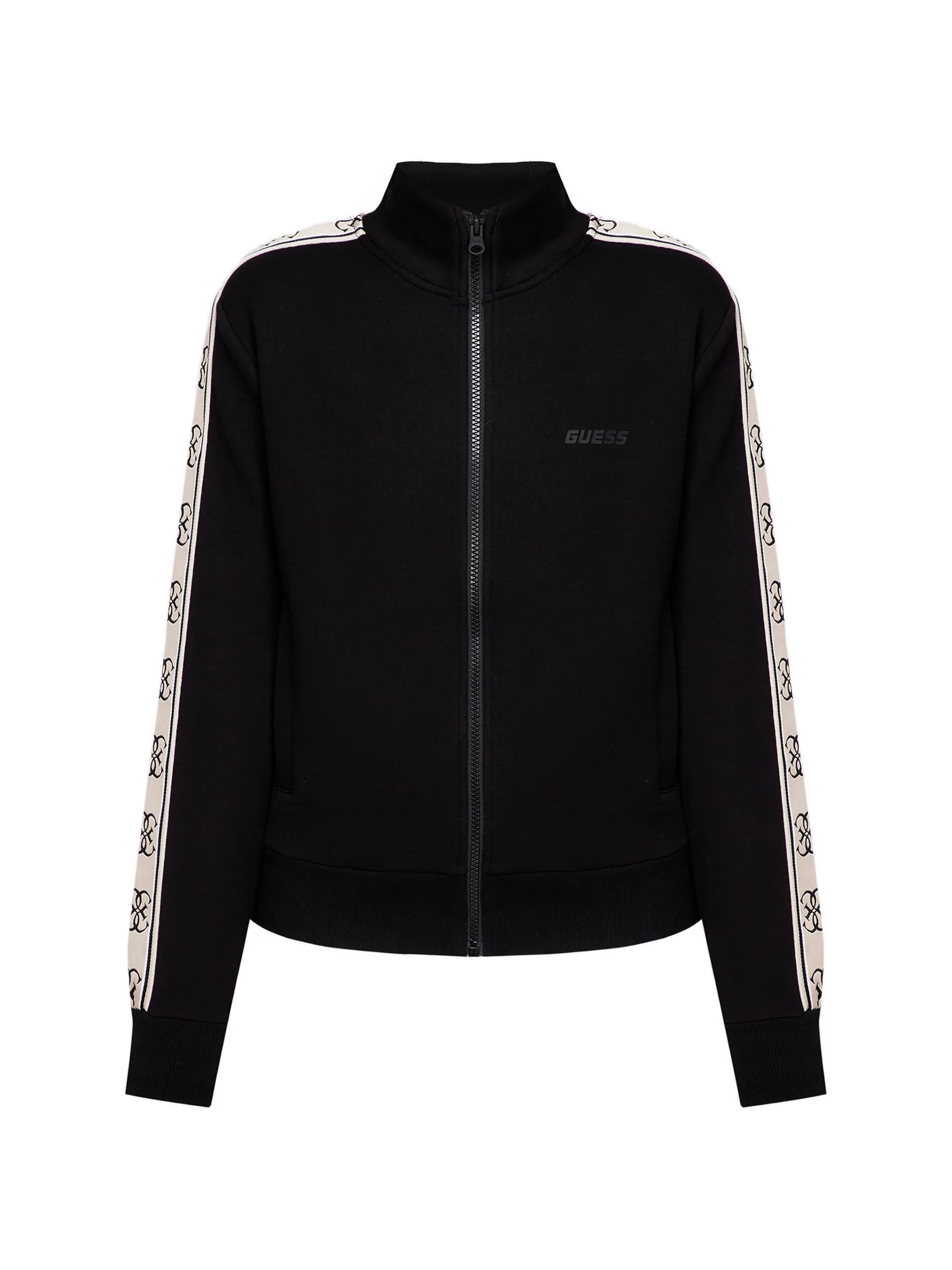 GUESS Felpa Zip in Punto Milano Nero con Bande Laterali e Logo Frontale
