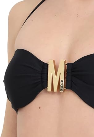 MOSCHINO Costume Top Bikini Nero da Donna con Logo Oro sul Davanti
