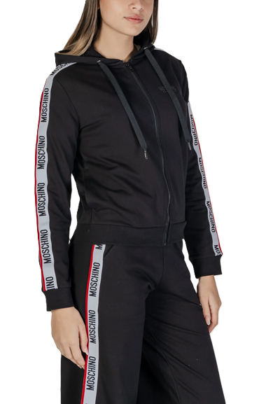 MOSCHINO Felpa con Cappuccio Nera Full-Zip Donna con Bande Elastiche Logate