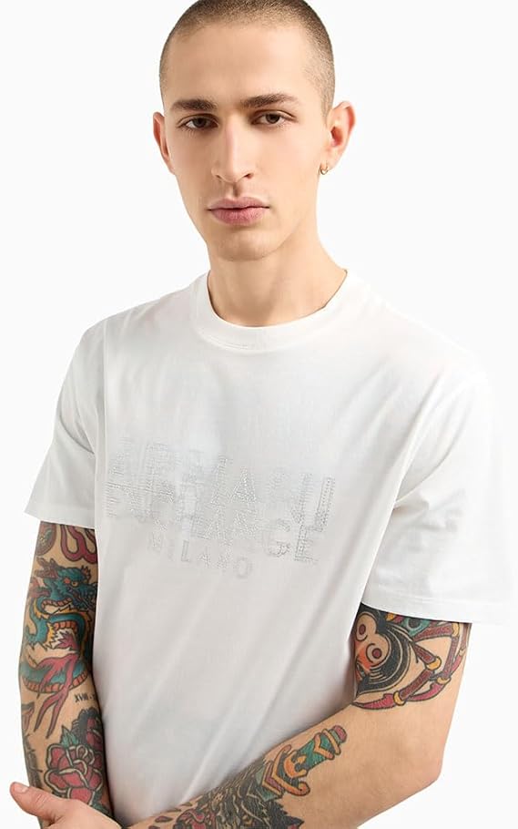 Armani Exchange T-Shirt Uomo Ax Milano Bianco Latte & Oro