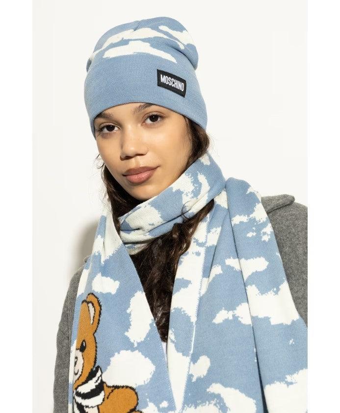 Moschino, Beanies, Size: One Size cap with Logo Patch Sky Blue