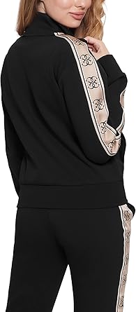 GUESS Felpa Zip in Punto Milano Nero con Bande Laterali e Logo Frontale