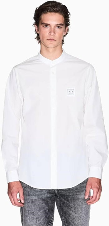 Armani Exchange Camicia Uomo Regular Fit in Popeline Bianco Crema con Patch Logo