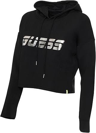 Guess Felpa Scuba Donna con Cappuccio e Logo Silver Nero