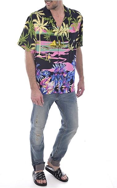 Guess Camicia Uomo Sandy F92H03 Hawaiian Shirt Nero