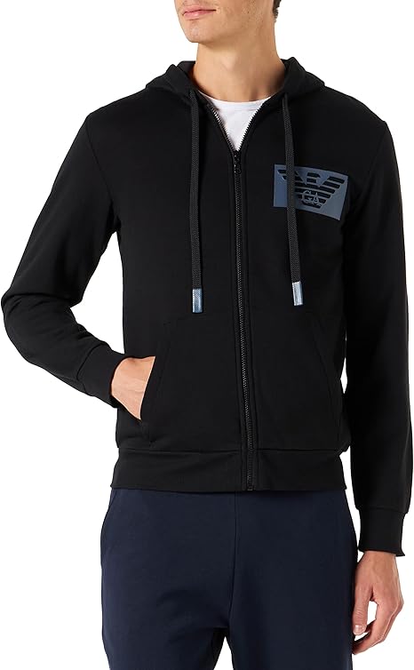 Emporio Armani Hooded Sweater/Zip Iconic Terry Felpa Nera con Cappuccio Uomo
