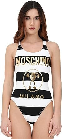 Moschino Costume Donna One Piece Logo Gold Double Question Mark – Riga Bianco Nero