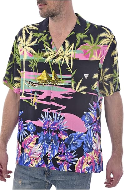 Guess Camicia Uomo Sandy F92H03 Hawaiian Shirt Nero