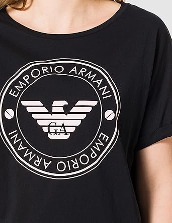 Emporio Armani T-Shirt Over Donna Eco Fiber Nero con Logo Eagle Rosa Confetto