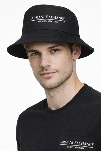 Armani Exchange Milano/New York Logo Bucket Hat Cappello a Falda Larga Nero