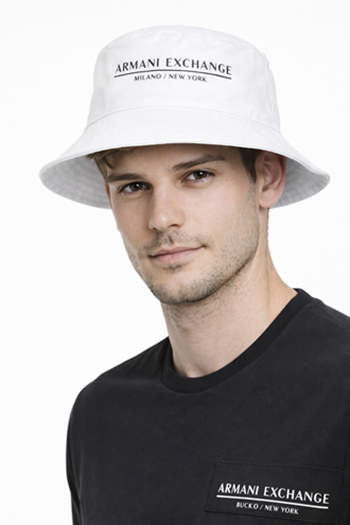 Armani Exchange Milano/New York Logo Bucket Hat Cappello a Falda Larga Bianco