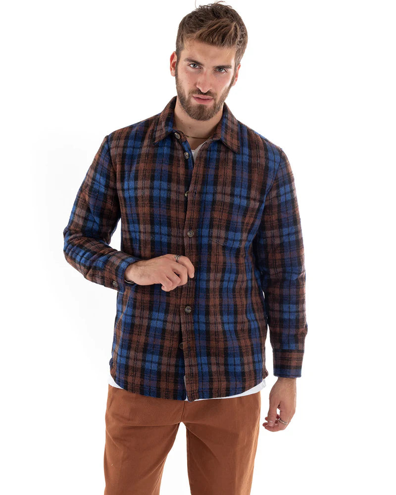 IMPURE Giacca Camicia a Quadri da Uomo, Flanella Marrone e Blu