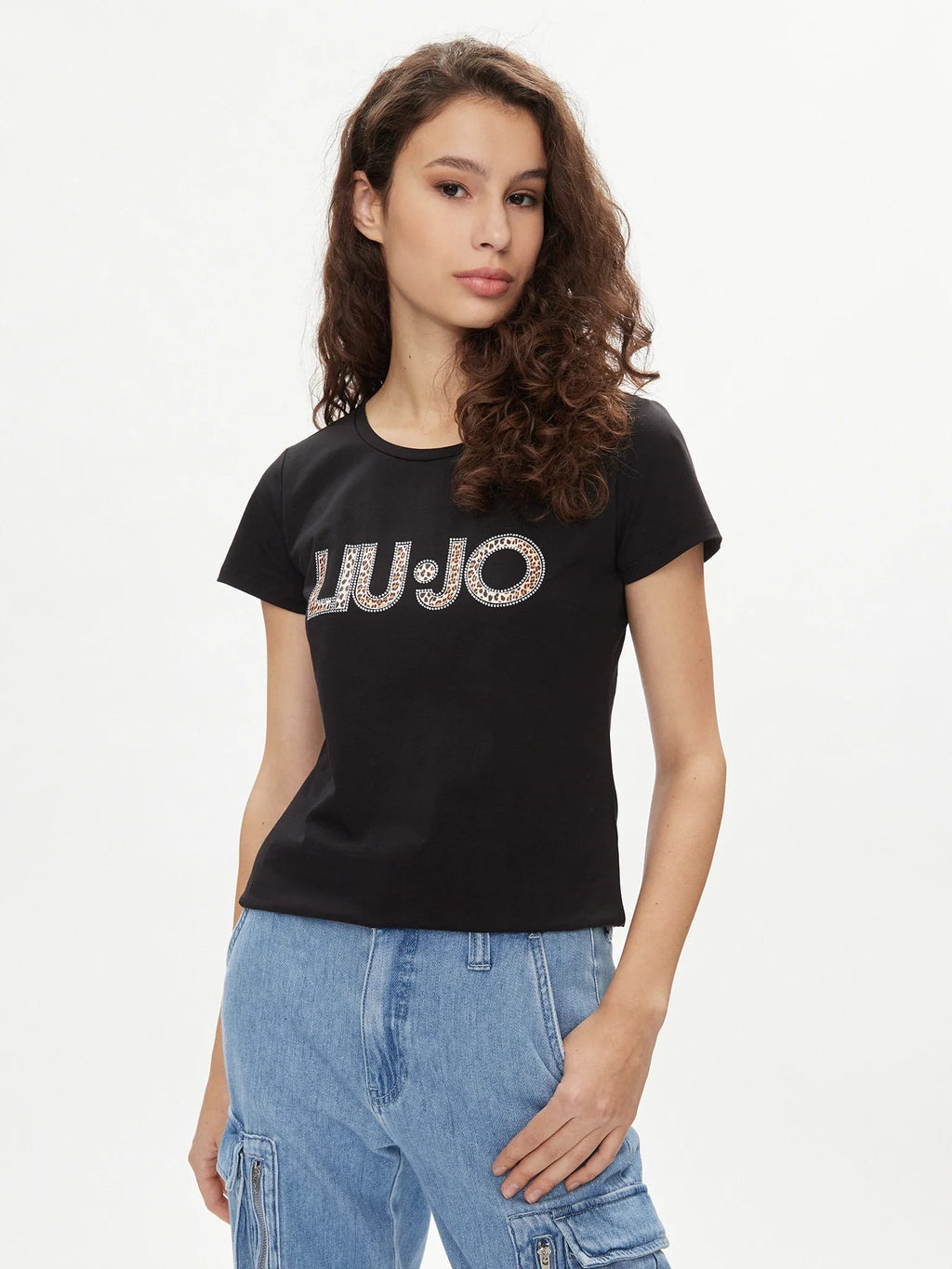 Liu Jo T-Shirt Basic Logo Strass 6169 Nero/Animalier