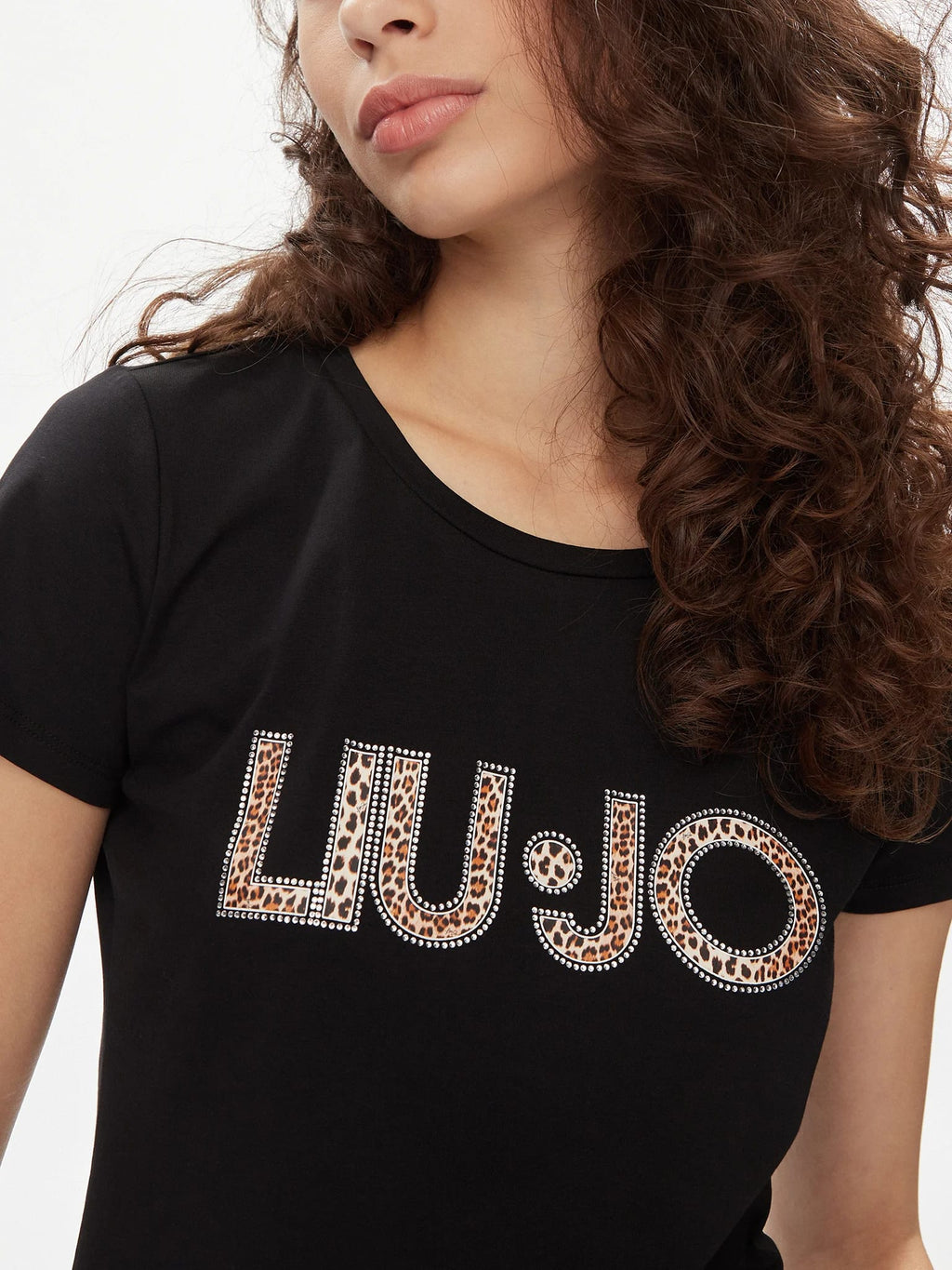 Liu Jo T-Shirt Basic Logo Strass 6169 Nero/Animalier