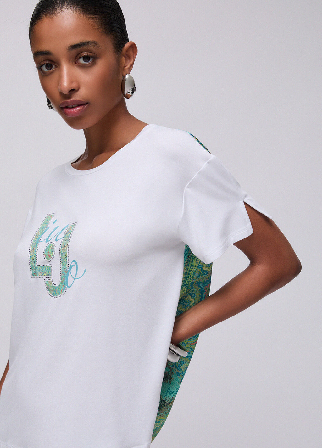Liu Jo T-Shirt Viscosa Over Bimateriale  Donna 6164 Bianco /Cachemire -Acqua