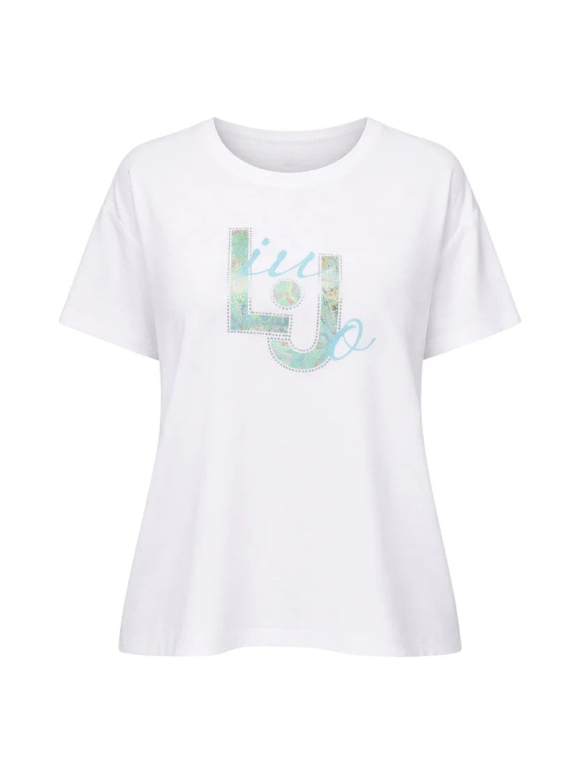 Liu Jo T-Shirt Viscosa Over Bimateriale  Donna 6164 Bianco /Cachemire -Acqua