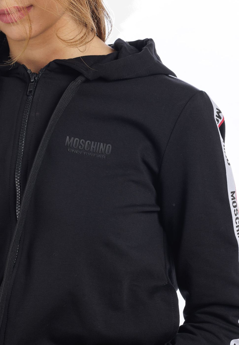 MOSCHINO Felpa con Cappuccio Nera Full-Zip Donna con Bande Elastiche Logate
