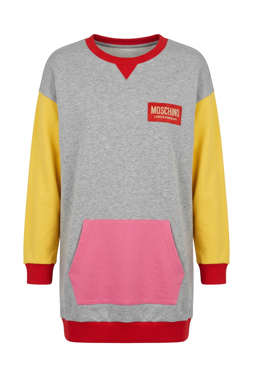 Abito felpa Moschino multicolore, vista frontale ghost mannequin su sfondo bianco