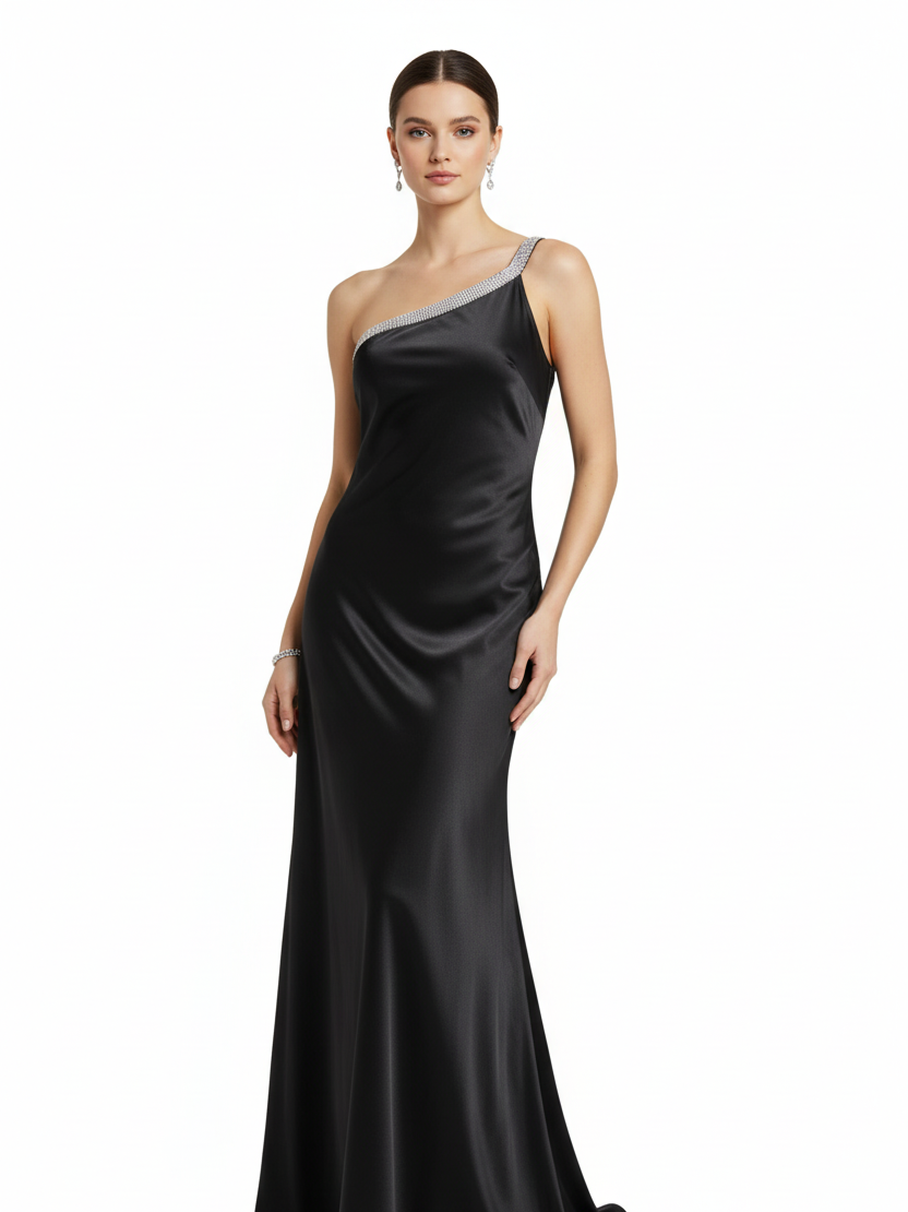 Nosecrets Abito Lungo Monospalla in Raso con Diamantini  Nero