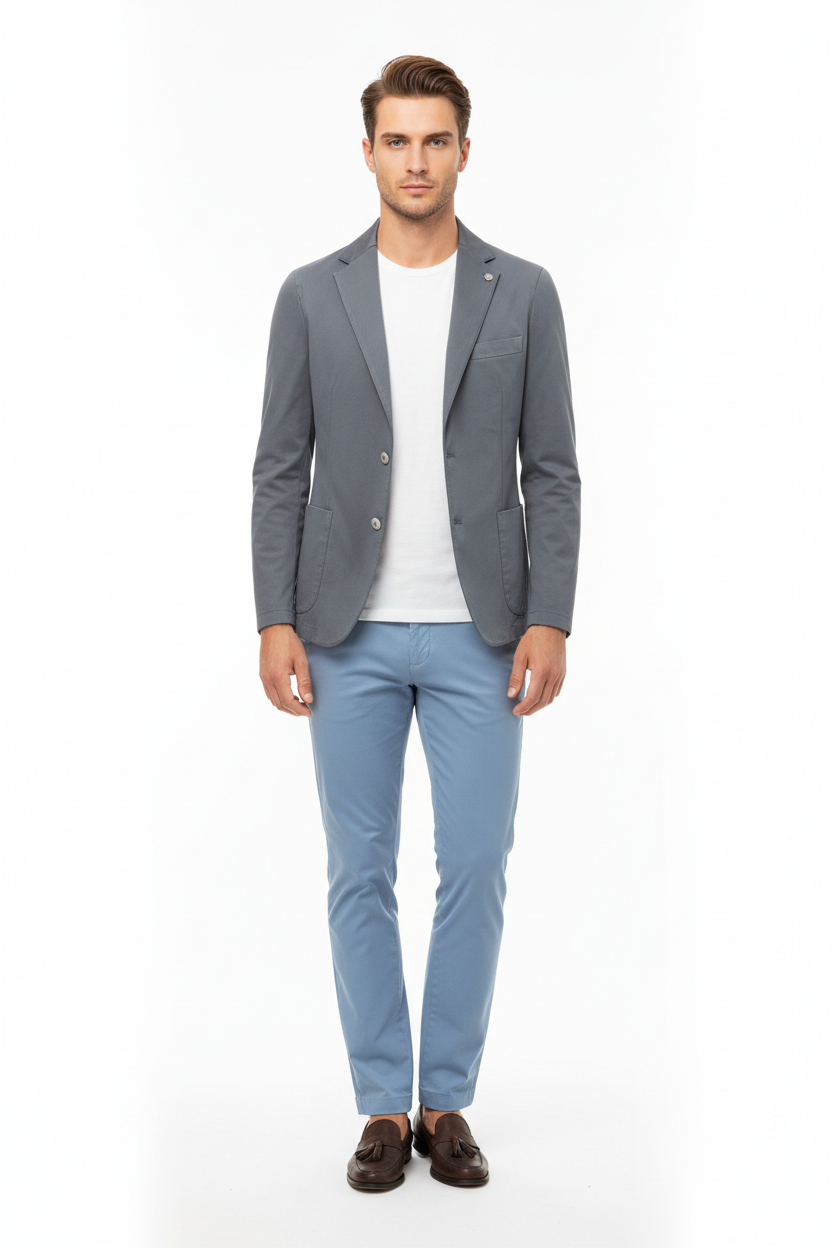 Alessandro Gilles Giacca Canvas Grigio Medio - Modello con Pantaloni Azzurro Chiaro