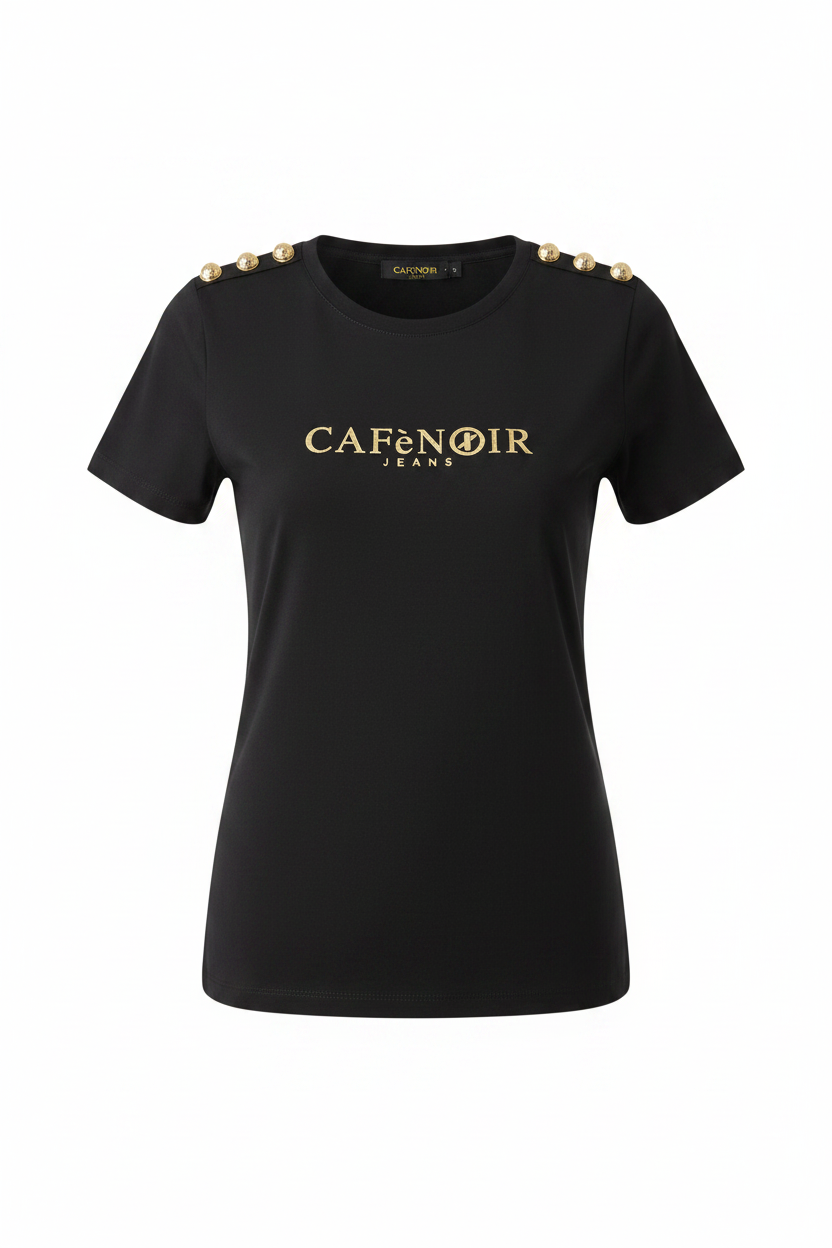 CAFèNOIR T-Shirt Donna Nera Logo Oro Bottoni - Ghost Mannequin
