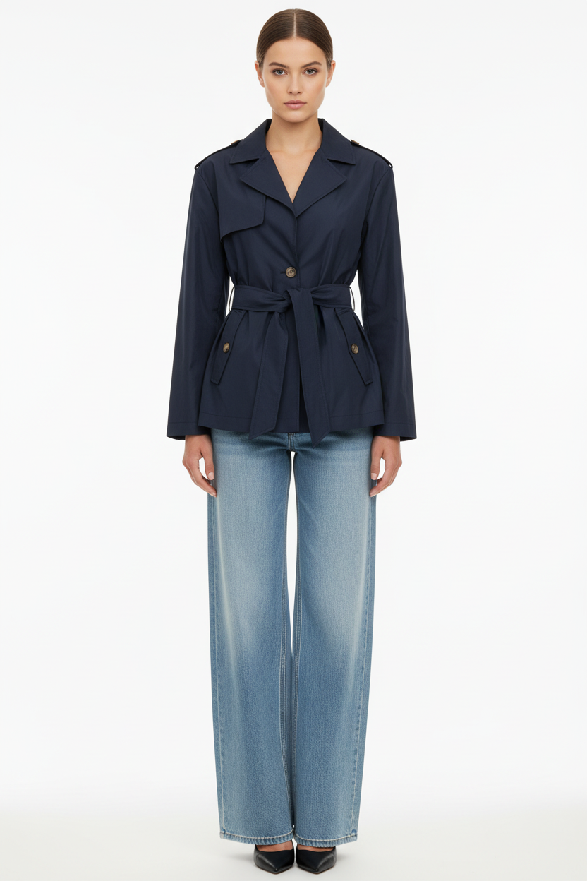 CafèNoir Trench Tessuto Tecnico Navy - Modella con Jeans Palazzo Chiari
