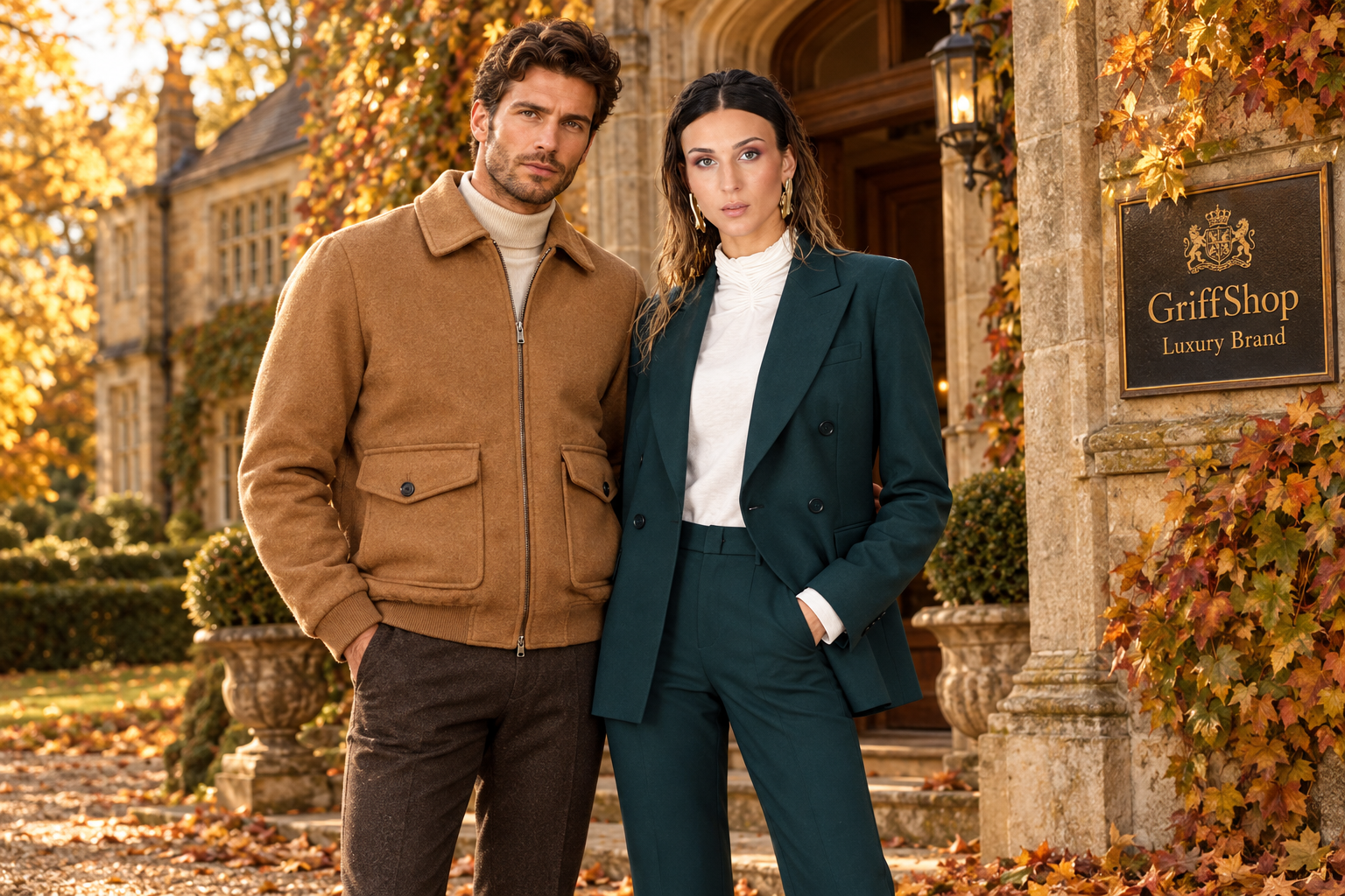 Campagna autunnale GriffShop Luxury Brand davanti a una residenza inglese