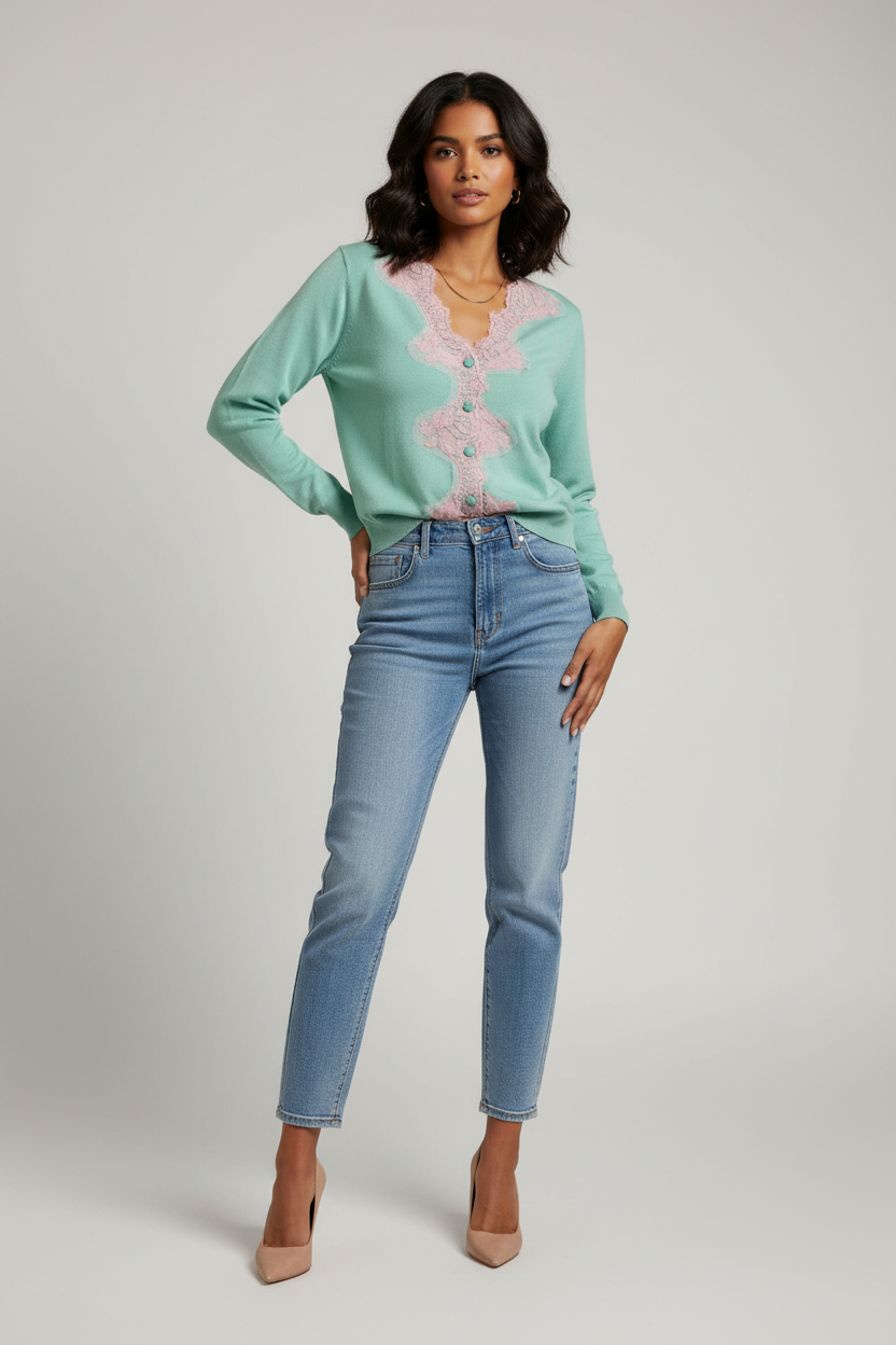 Cardigan Nosecrets Menta con Pizzo Rosa - Frontale