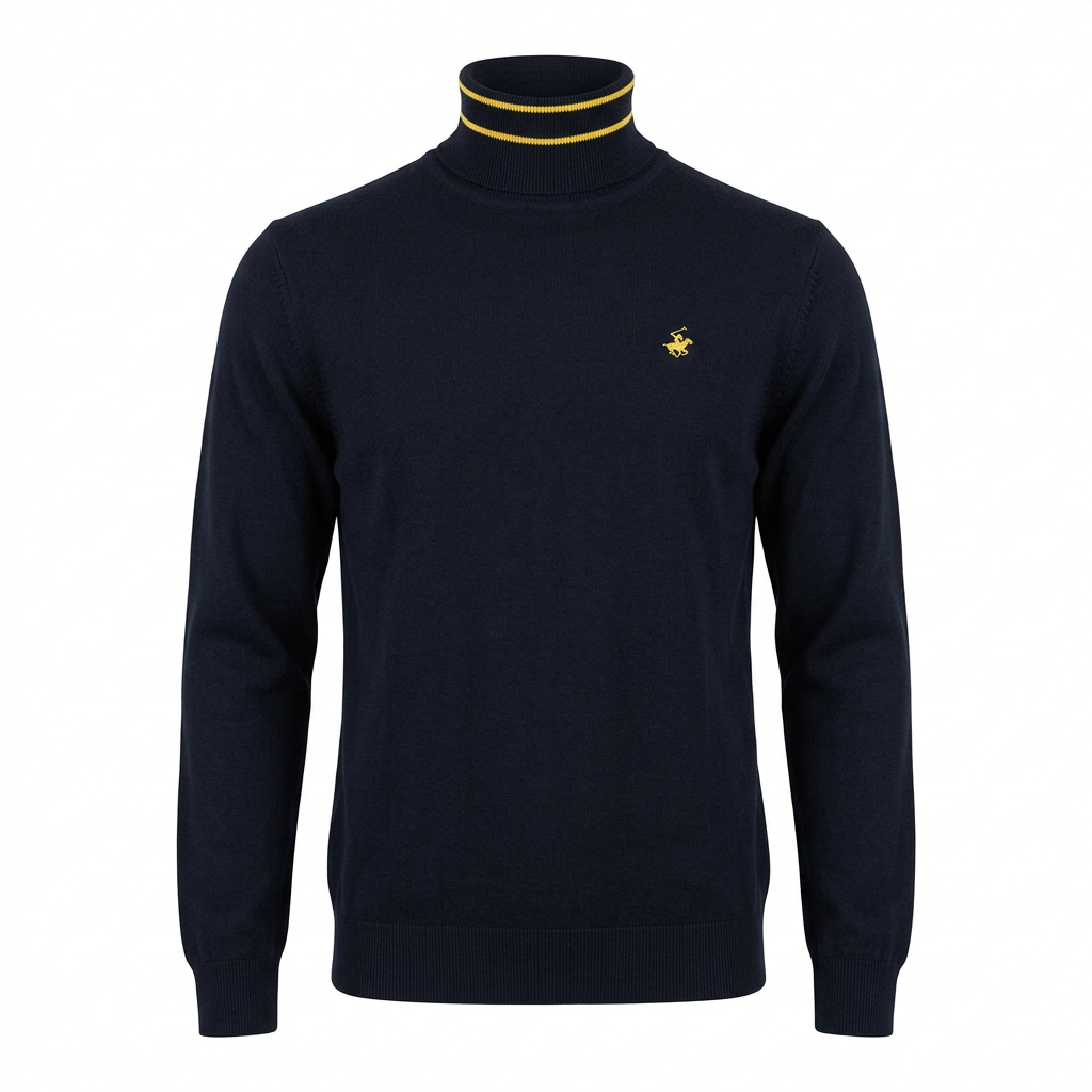 Dolcevita Beverly Hills Polo Club blu scuro con dettagli gialli, vista frontale ghost mannequin su sfondo bianco