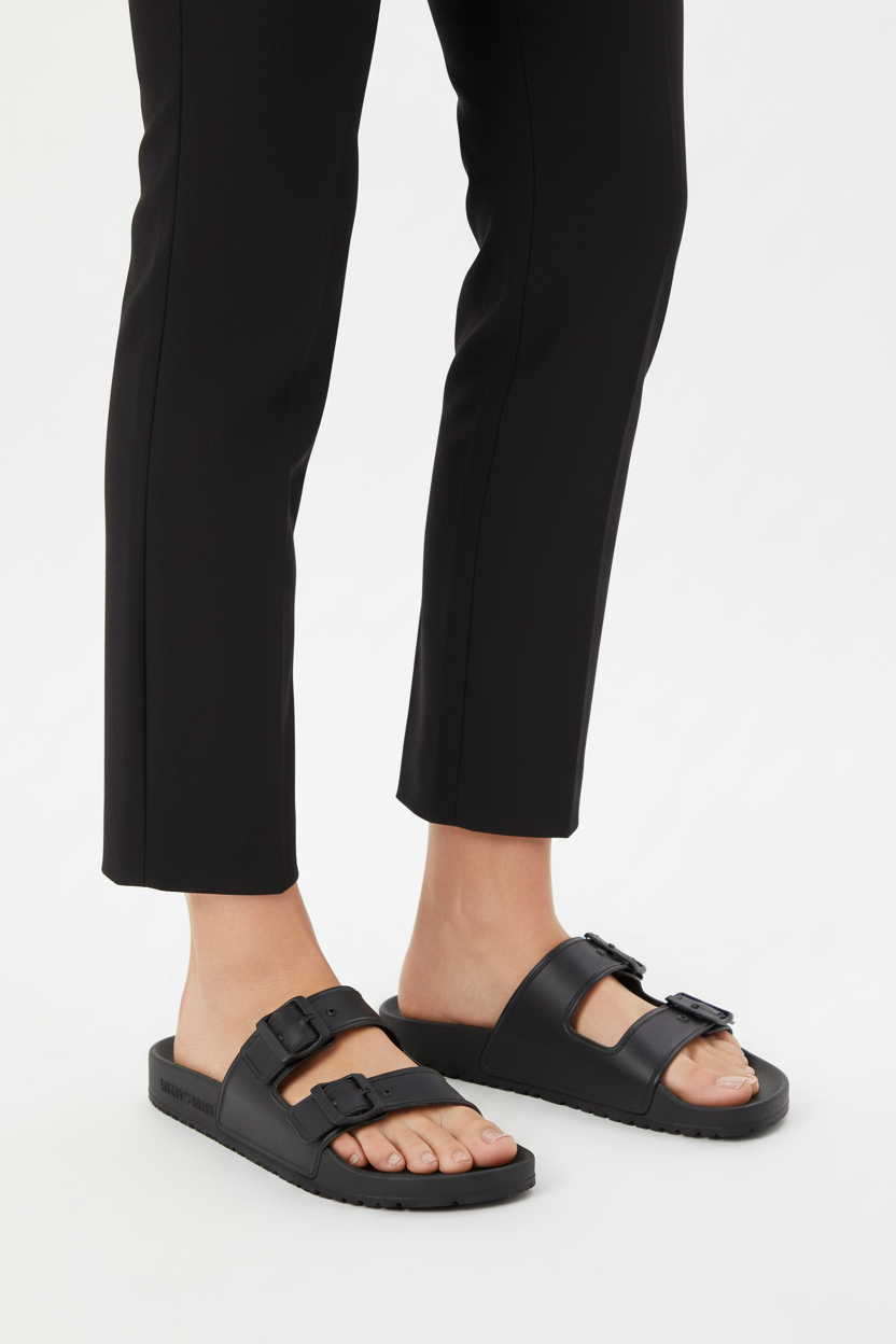 Emporio Armani Double Buckle Slides - Modella Sfondo Bianco