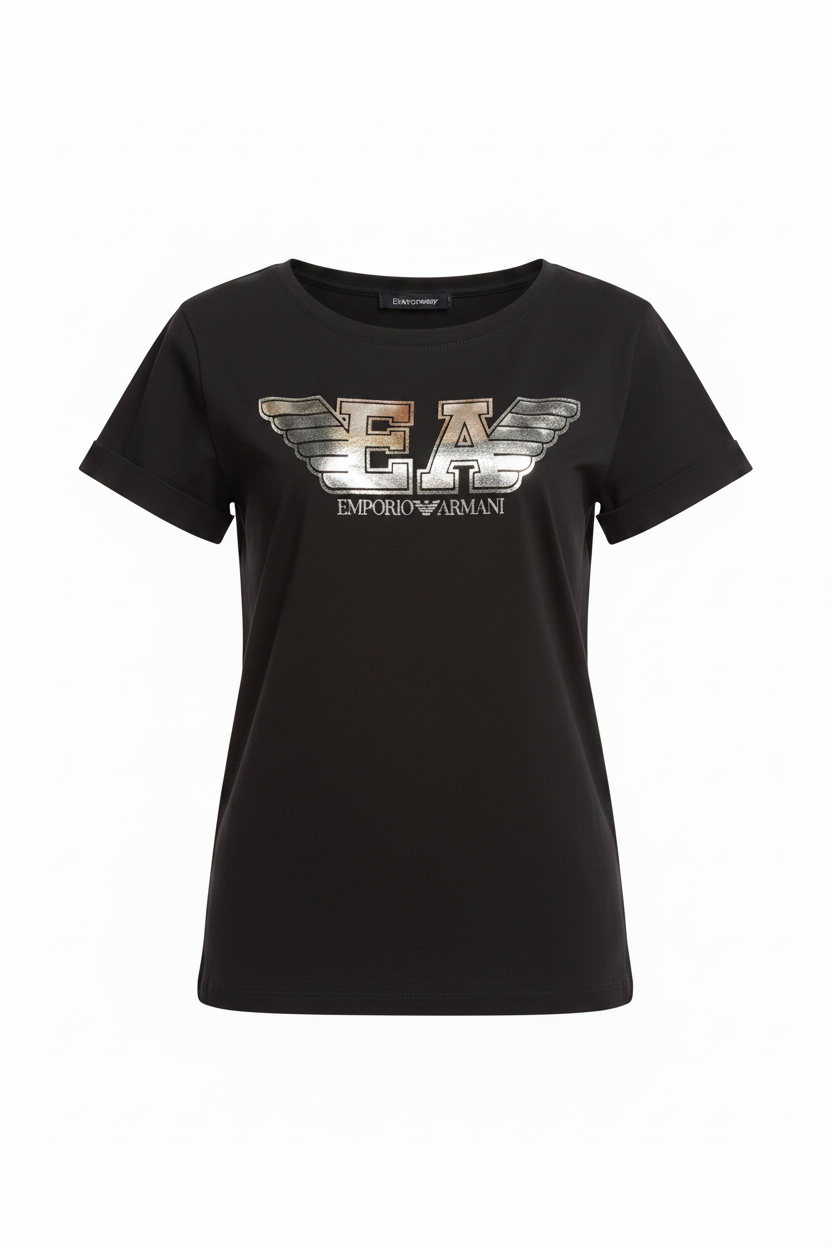 Emporio Armani T-Shirt Nero Donna 164340 Logo Mania Silver - Ghost Mannequin Scollo Ampio