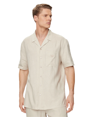Emporio Armani – Camicia Uomo a Maniche Corte in Misto Lino Beige/Corda