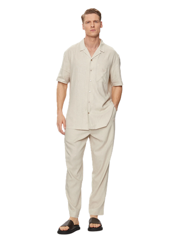 Emporio Armani – Camicia Uomo a Maniche Corte in Misto Lino Beige/Corda