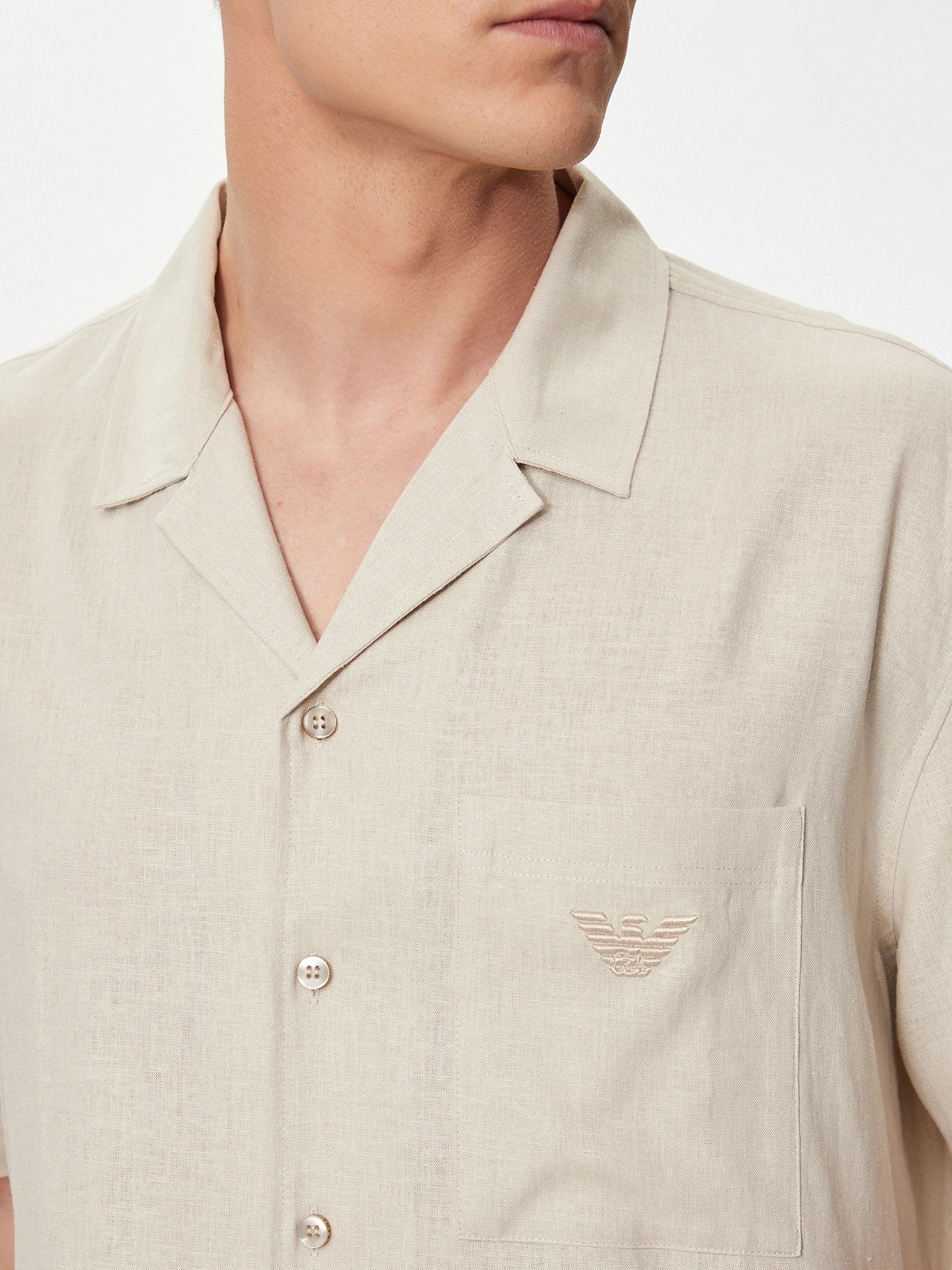Emporio Armani – Camicia Uomo a Maniche Corte in Misto Lino Beige/Corda