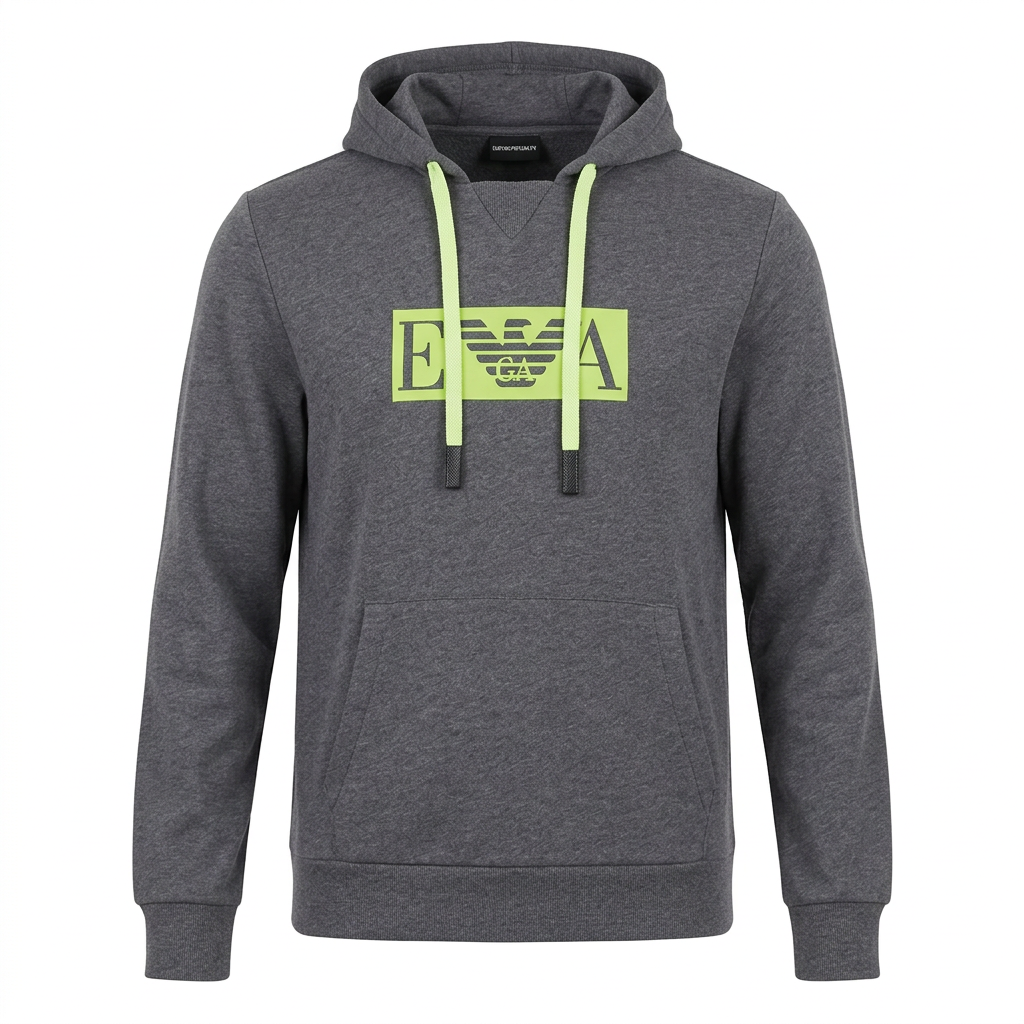 Felpa Emporio Armani grigio mélange con logo verde lime, vista frontale ghost mannequin