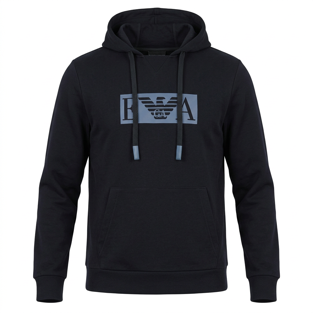 Felpa Emporio Armani scura con logo azzurro, vista frontale ghost mannequin