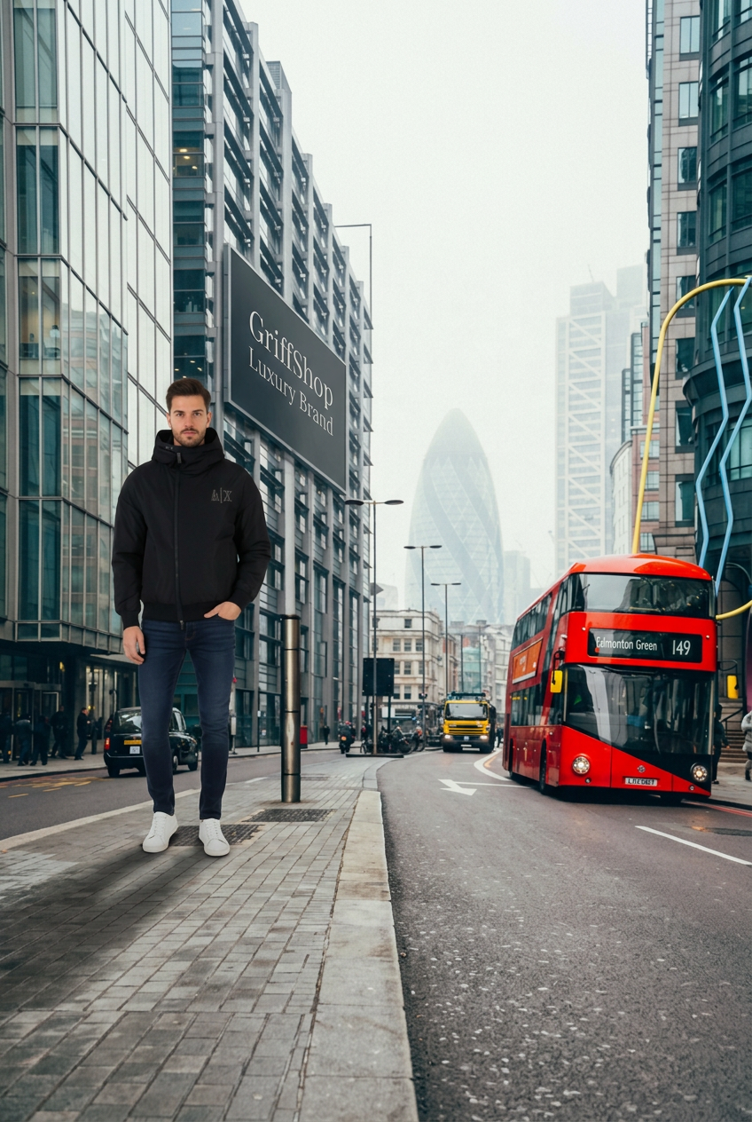 Foto verticale del modello a Londra con cartellone GriffShop Luxury Brand