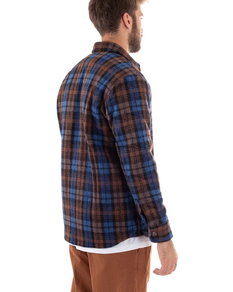 IMPURE Giacca Camicia a Quadri da Uomo, Flanella Marrone e Blu