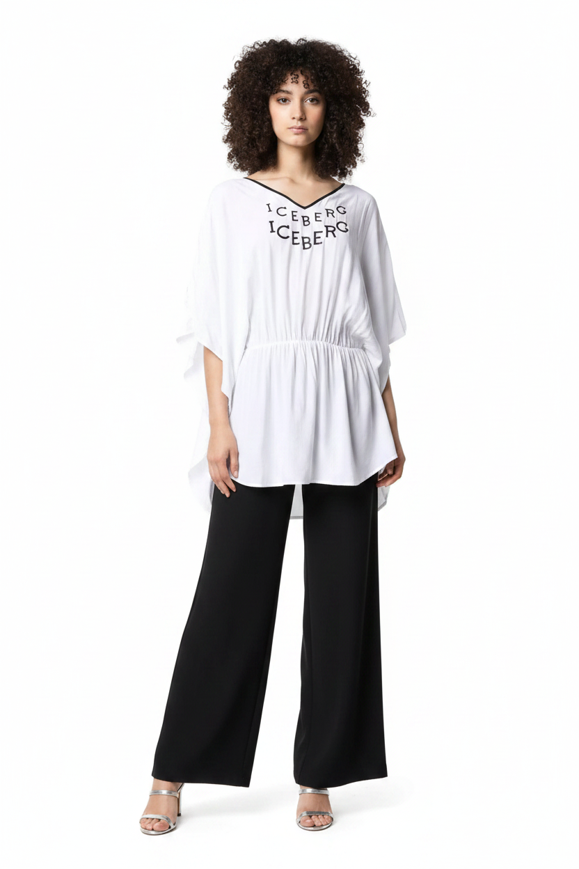 Iceberg Kaftano Donna ICE1WCU06 Bianco - Modella con Palazzo Neri e Sandali Argento