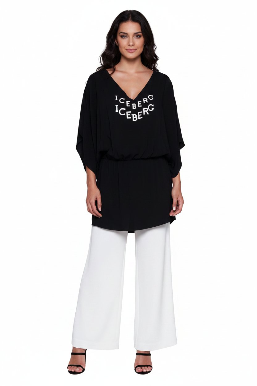 Iceberg Kaftano Donna ICE1WCU06 Nero - Modella con Palazzo Bianchi e Sandali Neri