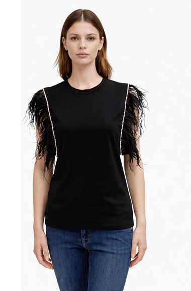 Nosecrets Milano T-shirt 23NS360 Nero, Piume e Diamanti