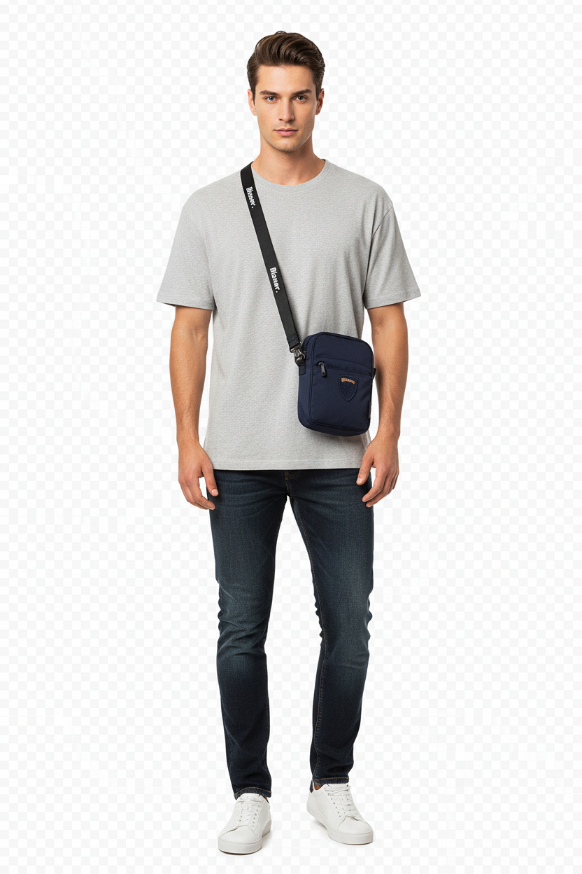 Modello indossa borsello Blauer FORT04 navy vista frontale