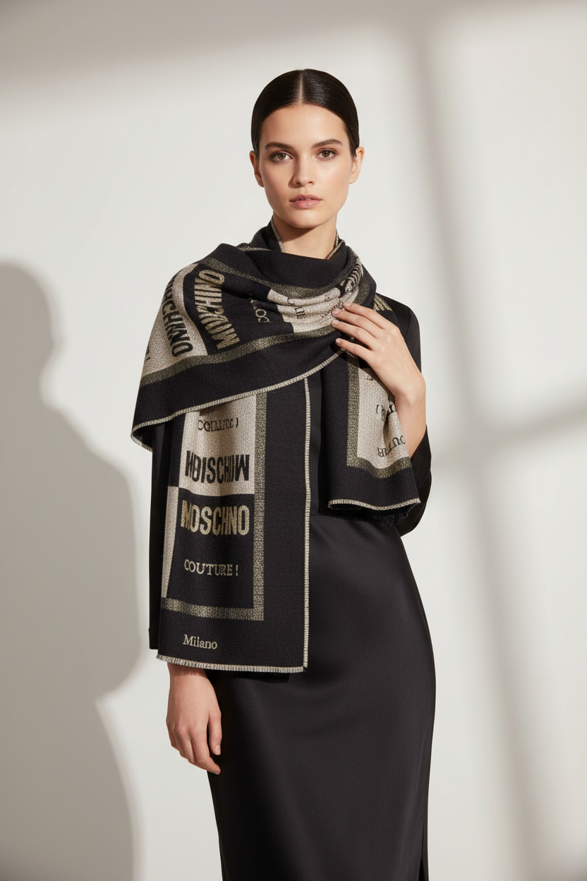 Modella con Foulard Moschino Patchwork Black Gold