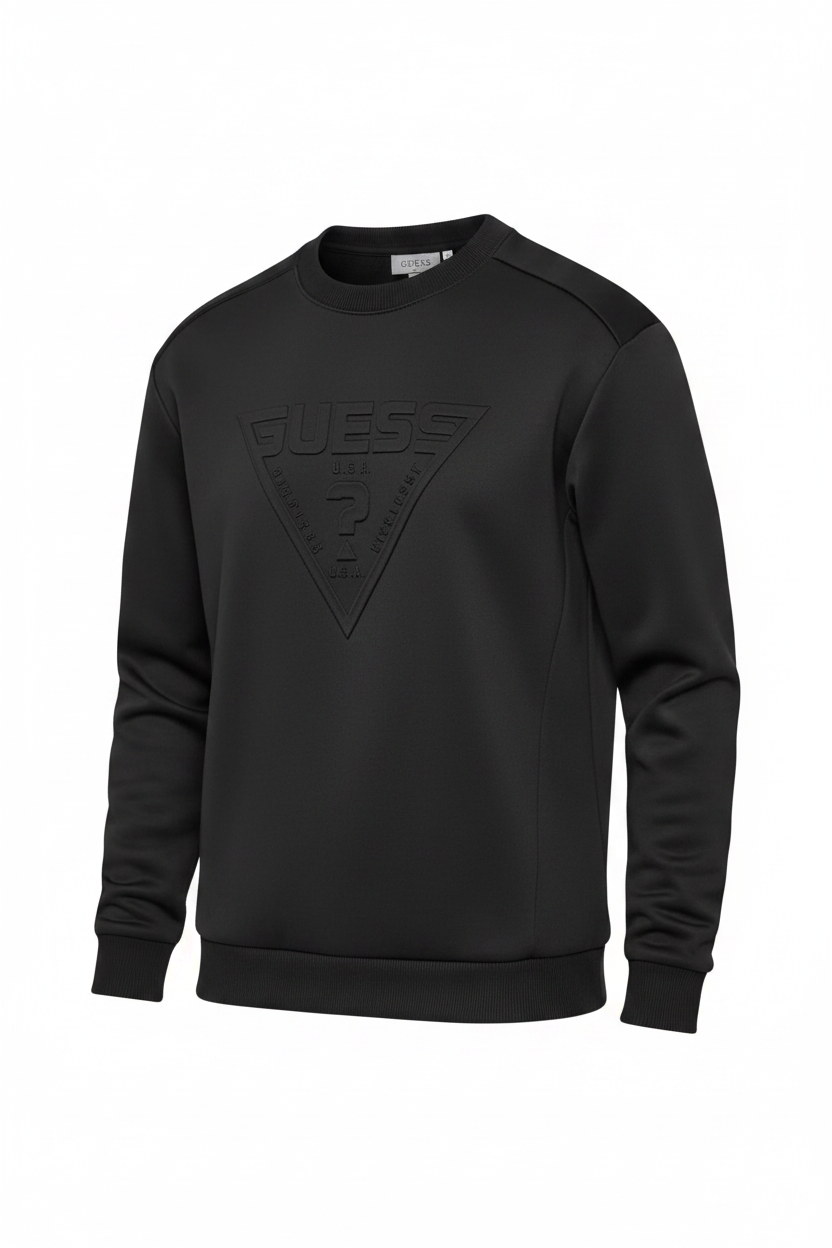 Felpa Guess girocollo scuba nera logo triangolo a rilievo ghost mannequin vista frontale
