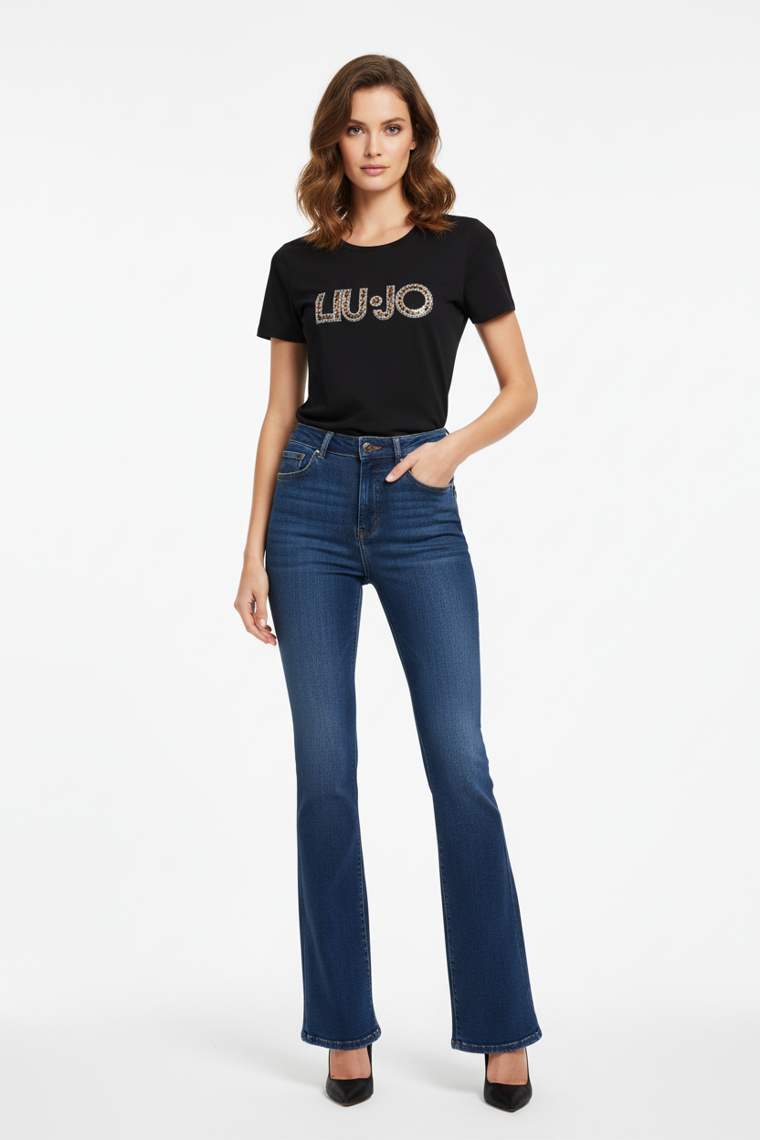 Liu Jo T-Shirt Basic Logo Strass 6169 Nero/Animalier