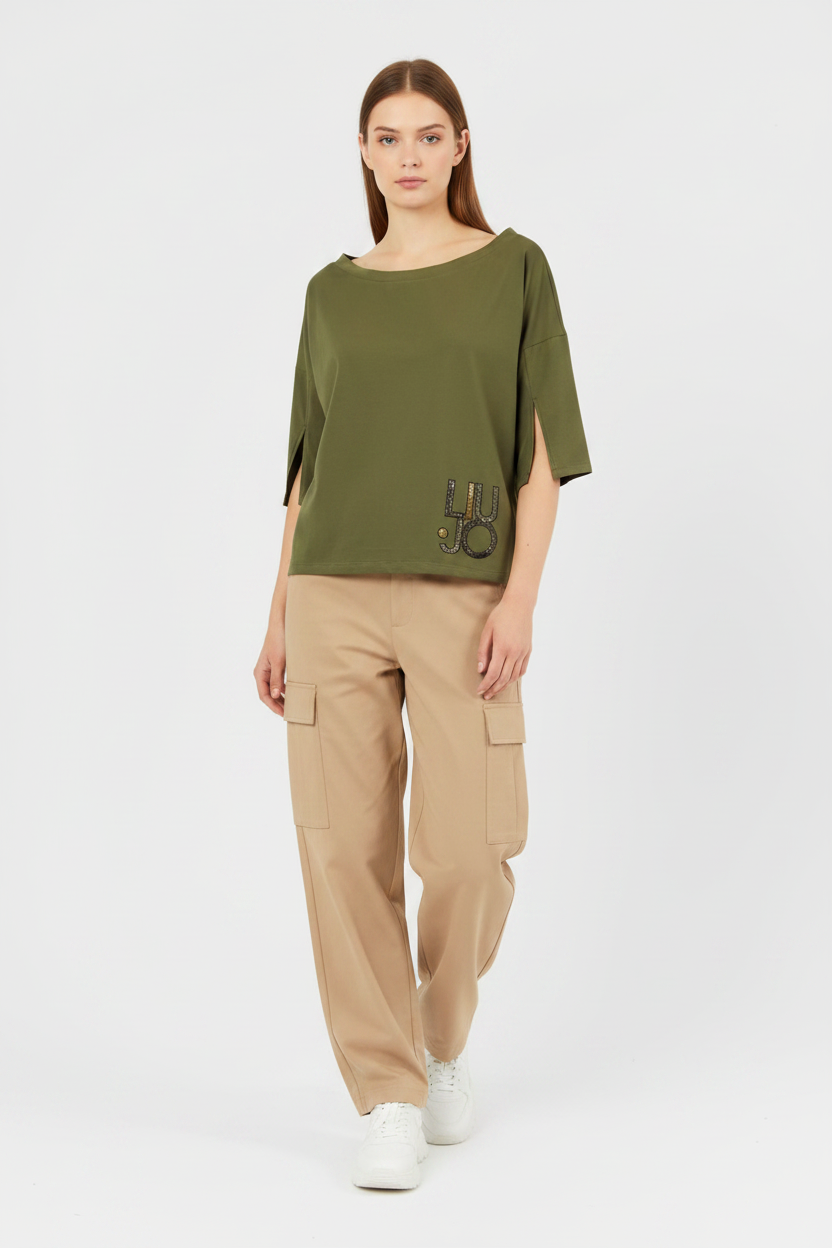 Liu Jo T-shirt Over Verde con Cargo Sabbia