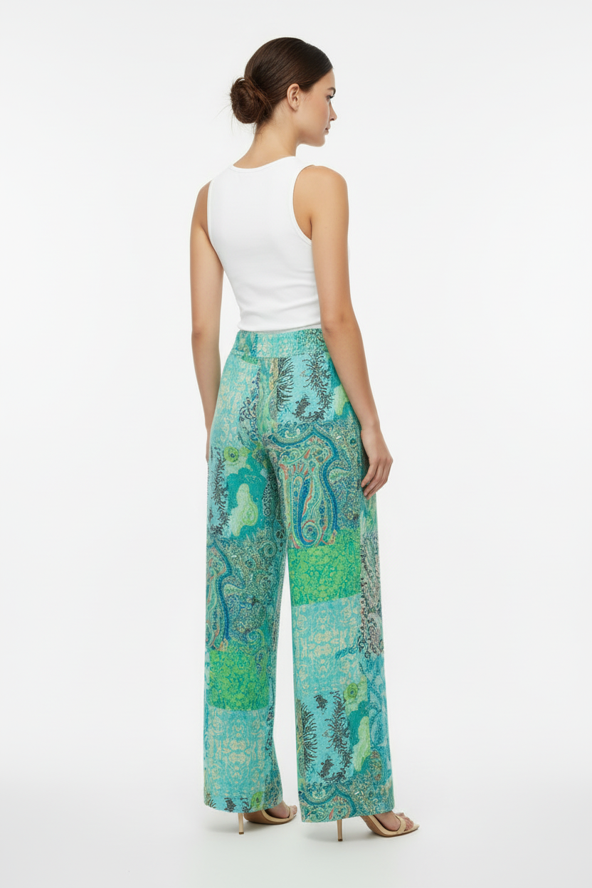 LiuJo Pantalone Palazzo Cachemire Acqua - Vista Posteriore con Bustino Elastico