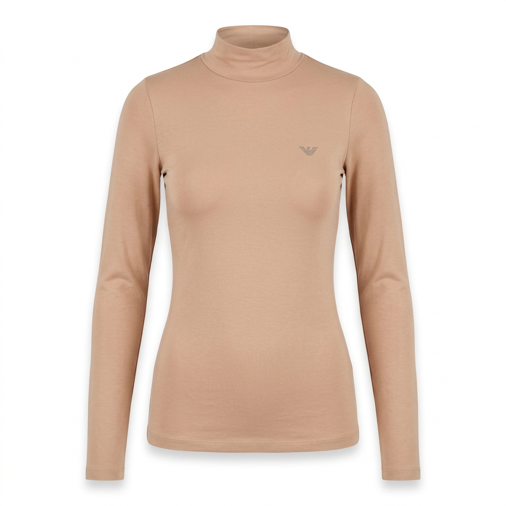 Maglia beige a collo alto con logo, vista frontale ghost mannequin